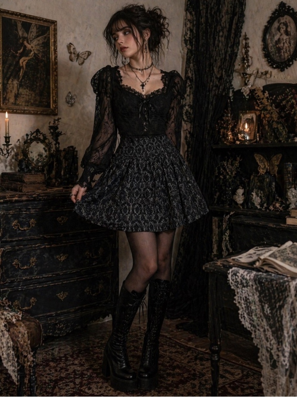 Victorian Gothic Black Lace Metallic Mini Skirt Size M